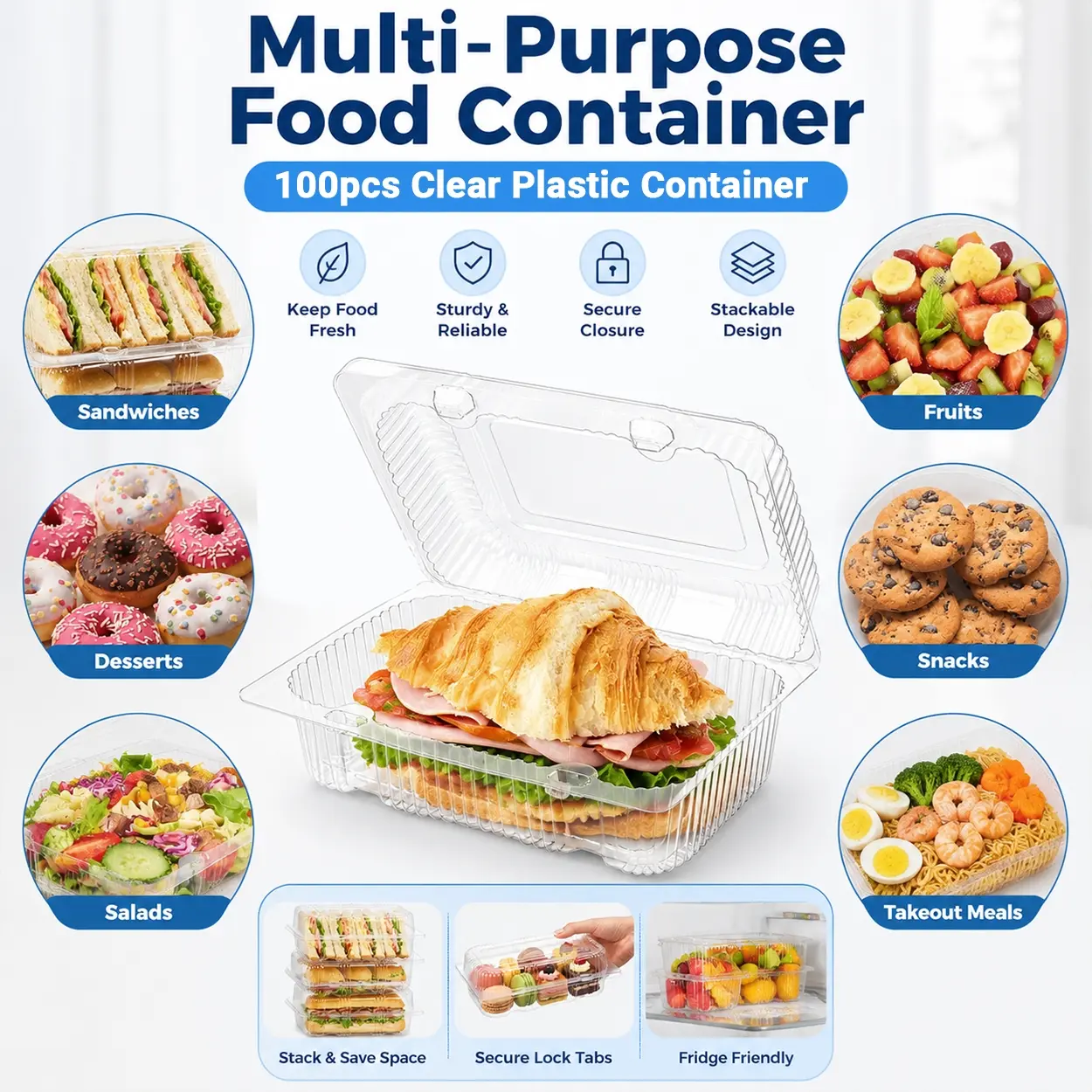100pcs Disposable Clear Plastic Ware Food Containers with Lids, Hinged Clamshell Takeout Boxes with Secure Snap Closure, Stackable Transparent Packaging for Cakes, Donuts, Cookies, Sandwiches, Salads, Fruit, Desserts, Bakery, Catering and Meal Prep Use