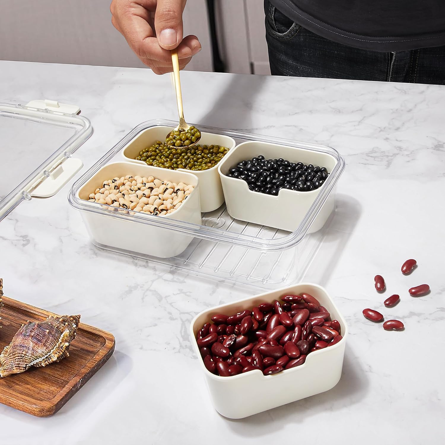 Versatile Serving Tray with Lid and Handle - Multi-Compartment Snackle Box for Organizing Fruits, Spices, Deli Meats, and  -  for Entertaining, Parties (4 Compartments)