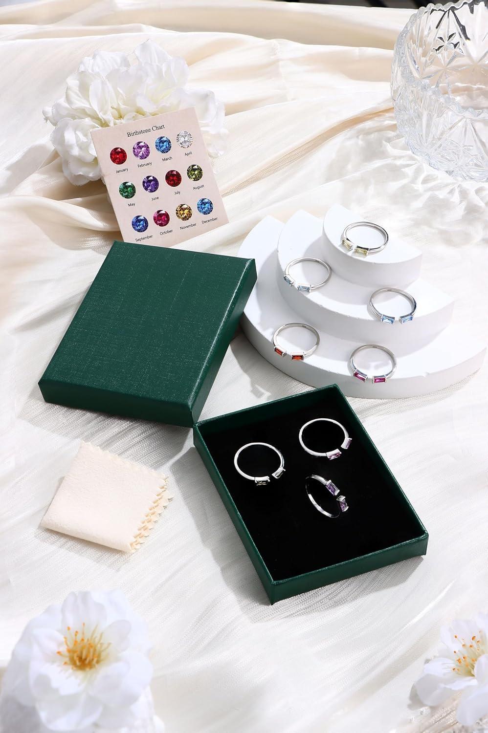 S925 Sterling Silver Birthstone Rings for Women Non Tarnish Dainty Stackable Rings Adjustable Emerald Green Gemstone Baguette CZ Wedding Engagement Promise Ring for Her Birthday Jewelry Gifts