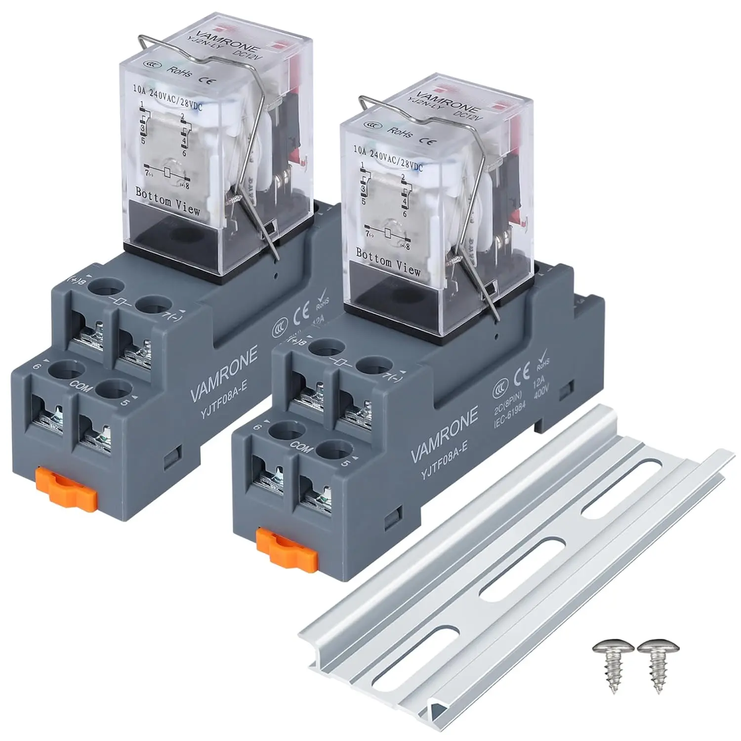 2PCS Electromagnetic Power DPDT Relay with Socket Base, 8-Pin 10A Current 12V DC Coil, LED Indicator, 2NO 2NC, Din Rail Mount for Tools & Hardware Applications