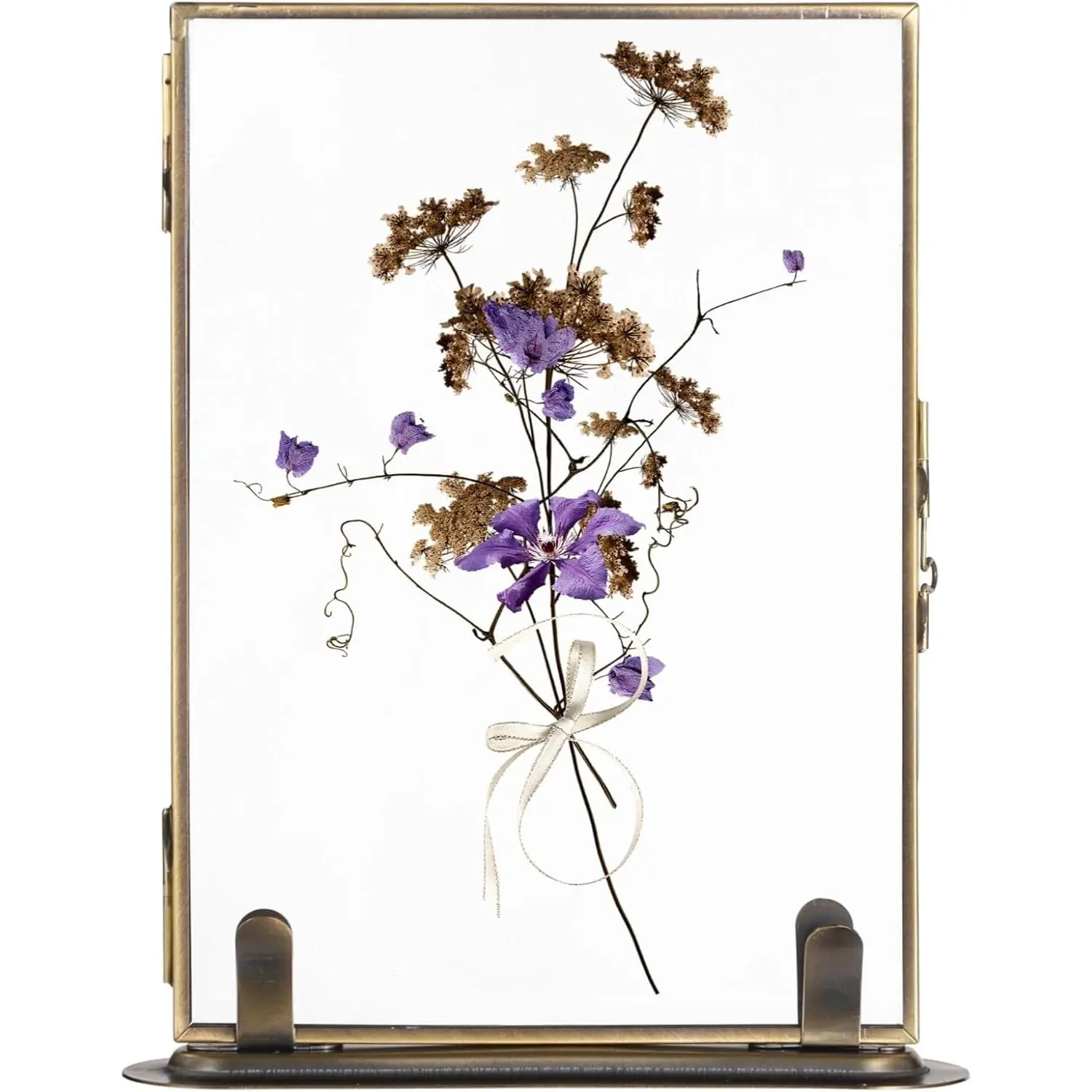 Vintage Floating Glass Frame, Tabletop Floating Picture Frame for Dry Flowers, Double Glass Pressed Flower Display Frame with Metal Base, Shelf Photo Frames for Home Office