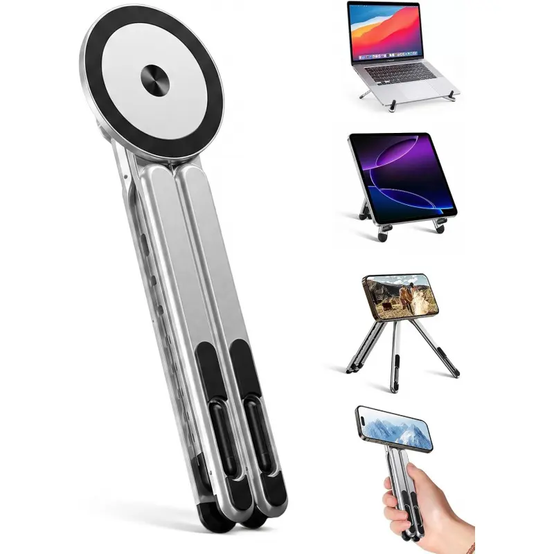4-in-1 Foldable Laptop Stand & Magnetic Phone Mount, Silver Aerospace Aluminum Portable Desk Accessory with MagSafe-Compatible Tripod Handle for Mobile iPhone, MacBook Pro, iPad, Travel & Vlogging, Accessories