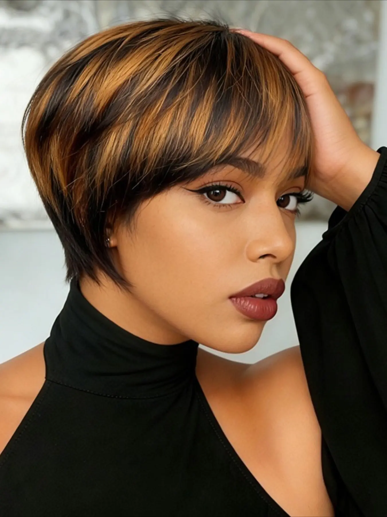 1B/30 Ombre Color Pixie Cut Human Hair Wig for Women Full Machine Made Wig 150% Density 6 Inch