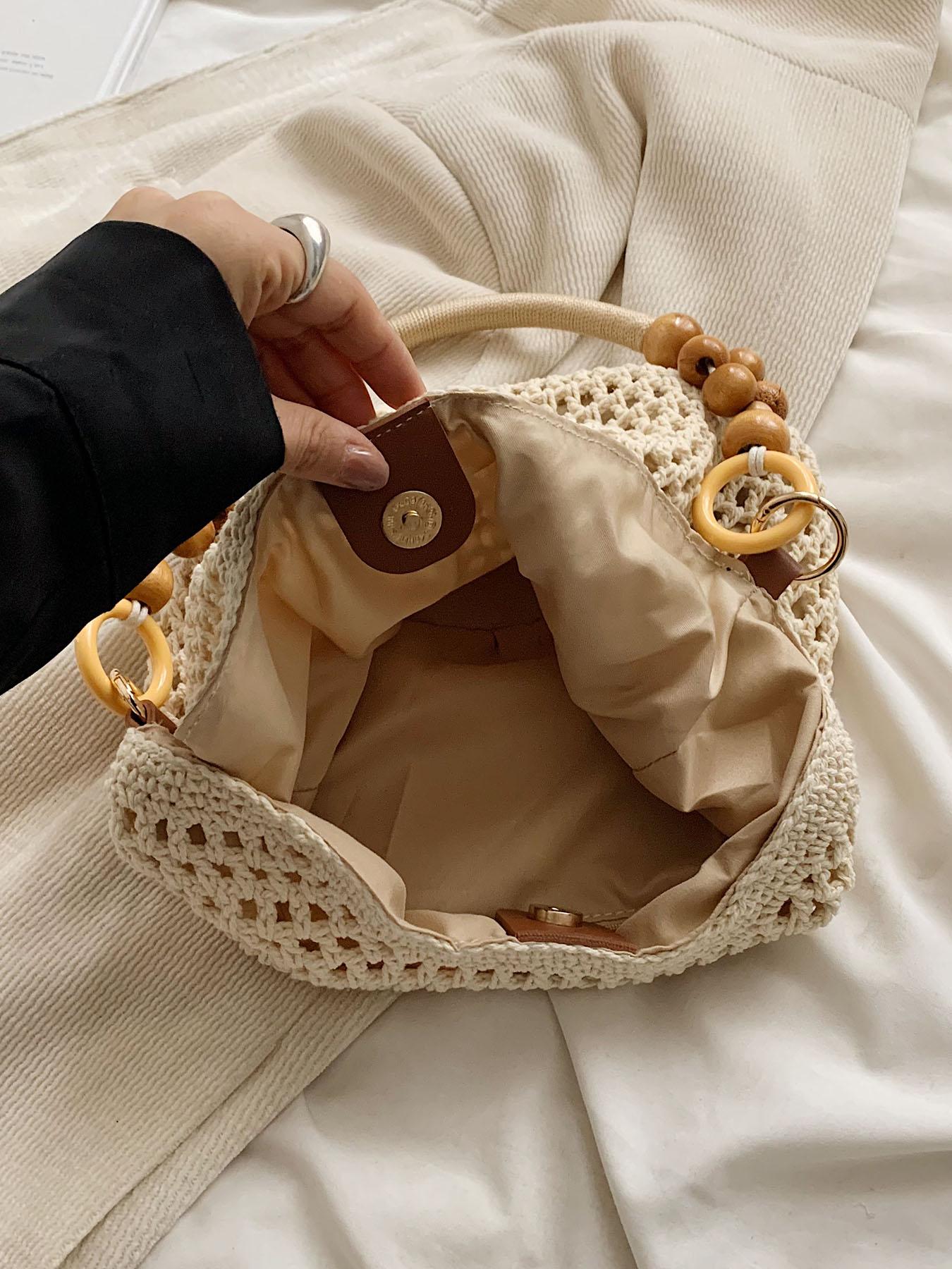 Women's Elegant Crochet Crossbody Bag, Fashionable Shoulder Bag with Wooden Beads Handle, Casual Trendy Versatile High-quality Daily Commuting Bag, Crossbody Purse, Casual Commuter Bag