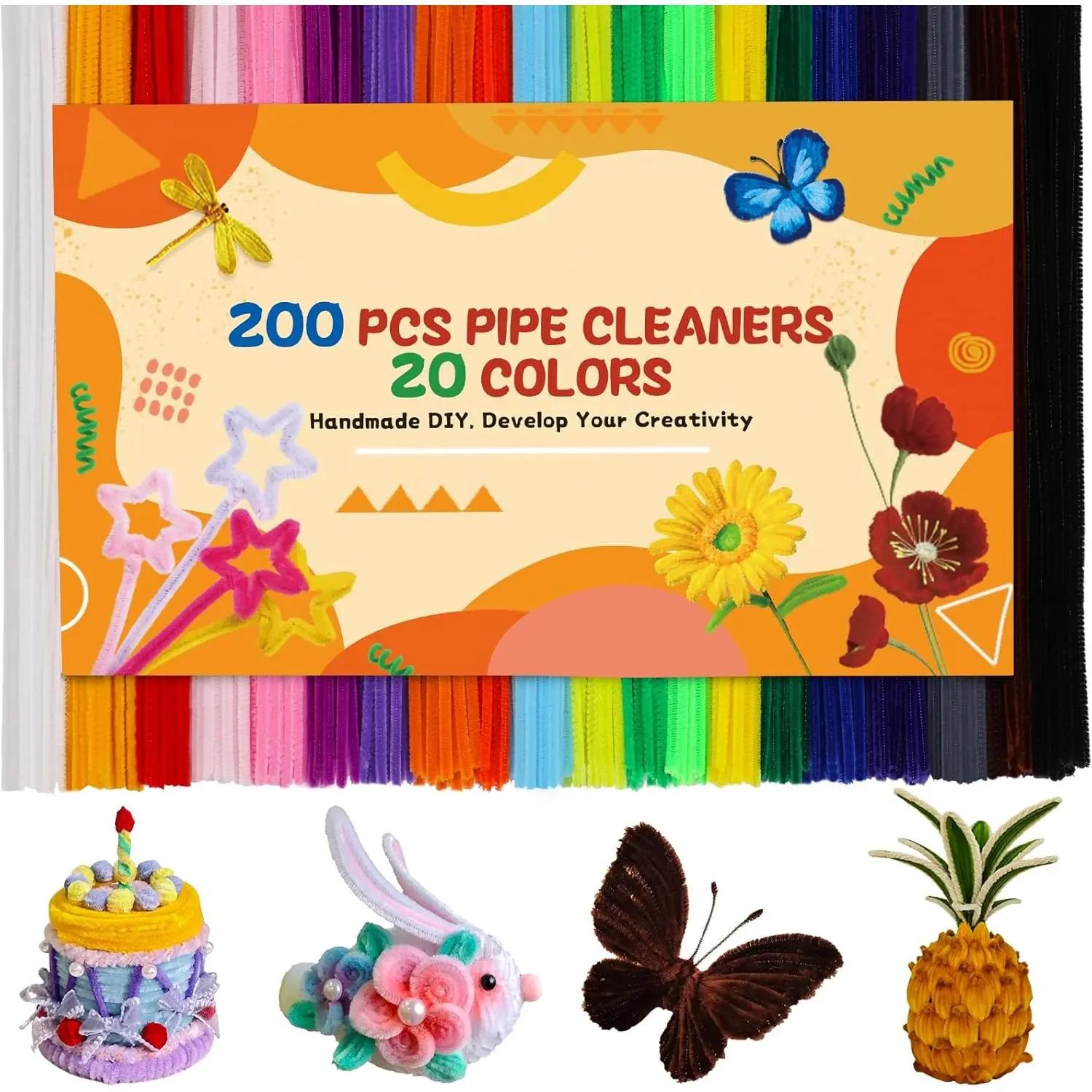 200 count Pipe Cleaners, 20 Colors Pipe Cleaner Craft, Black Pipe Cleaners Bulk Chenille Stems Craft Supplies for DIY Cleaning  Decorations