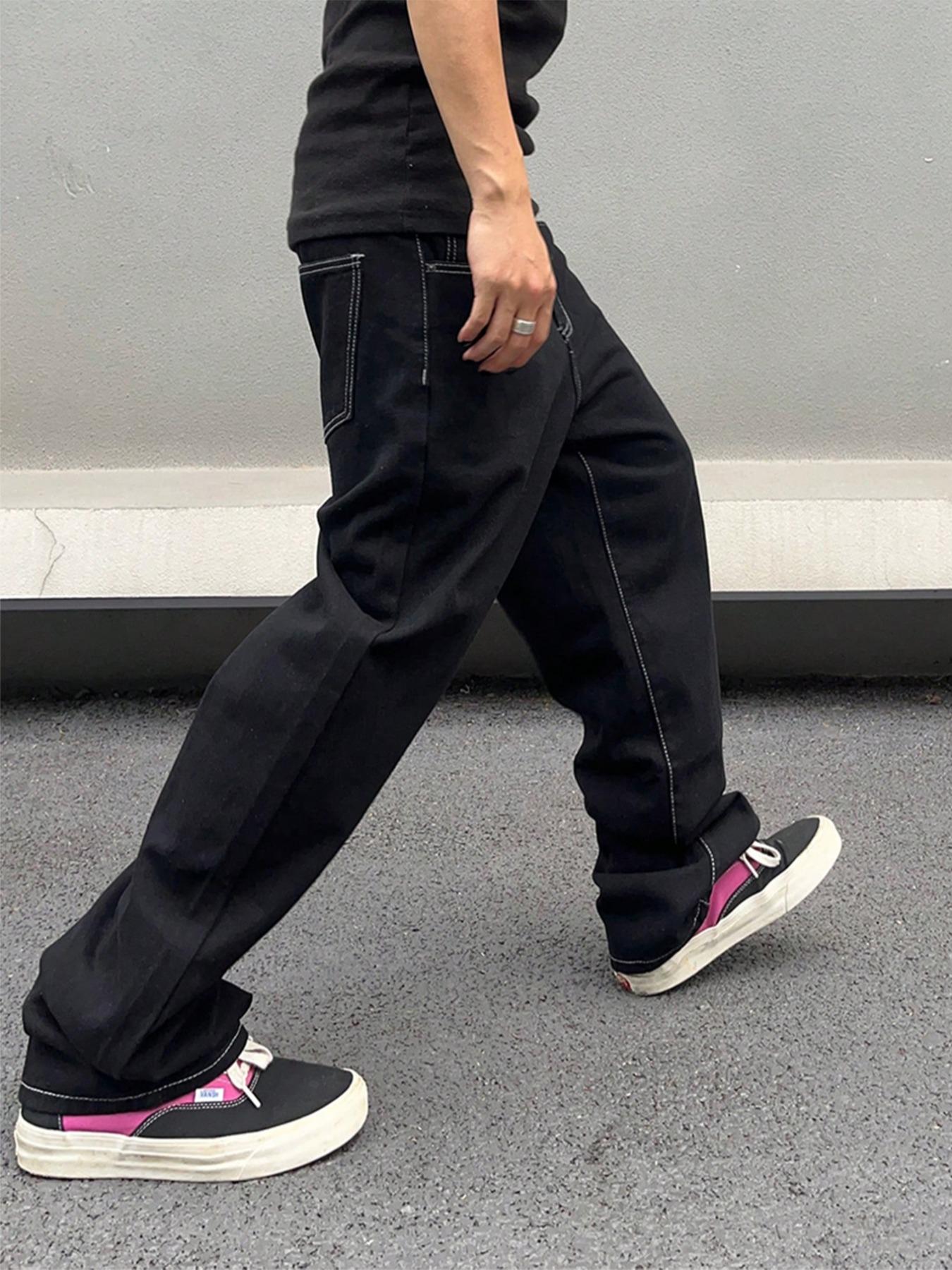 Men's Solid Color Wide Leg Multi Pocket Jeans, Loose Casual Comfy for Daily Wear, Woven Bottoms for All Seasons