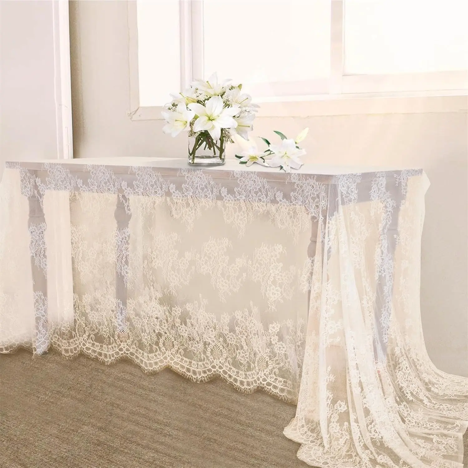 Vintage Lace Tablecloth Rectangle 60x120 Inches Long Embroidered Ivory Table Cloths for Parties Wedding Reception Home Decorations
