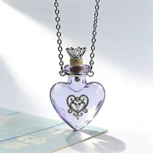 Heart-shaped crystal bottle necklace, rose quartz amethyst essential oil dried flower spiritual amulet, self-love healing gift