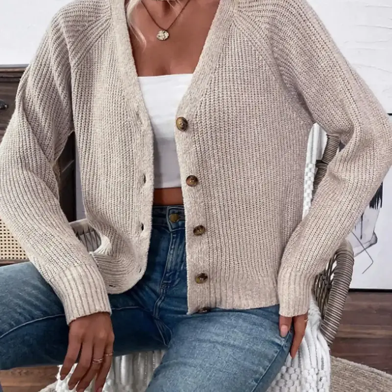 Women's Knitted V-Neck Cardigan with Ribbed Buttons, Long Sleeve Fashionable Commuter Style for Spring & Autumn, Elegant Women's Sweater Knit Cardigan Top