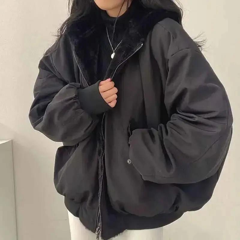 2026Smvp Winter Thicken Warm Parkas Women Fashion Double Sided Hooded Fleece Coat Ladies Korean Loose Long Sleeve Zip Up Jackets Gift