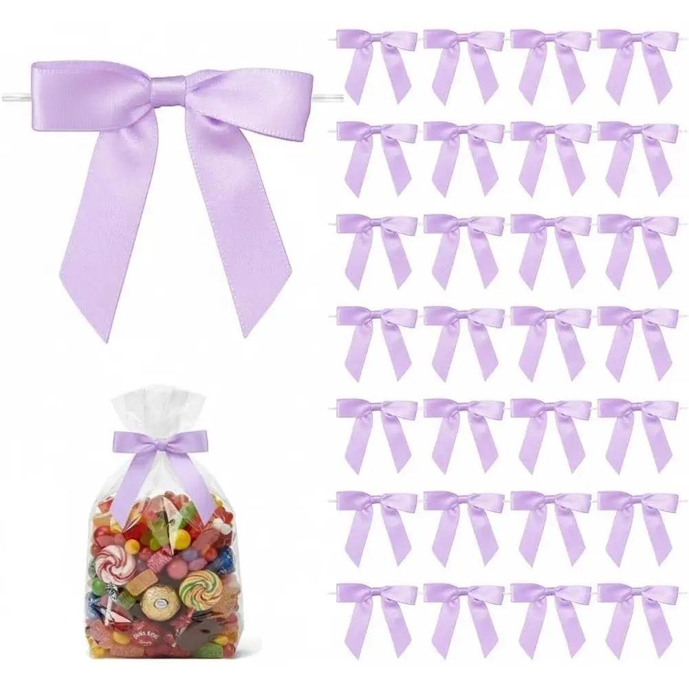 50 Pack Satin Twist Tie Bows, 2.75 Inch Pre-Tied Mini Ribbon Bows for Gift Bags, Treat Bags, Party Favor Bags and Small Gift Packaging (Lilac)