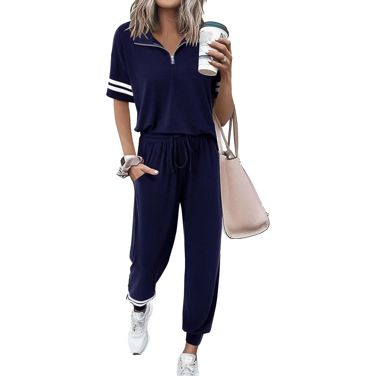 2 Piece Outfits for Women 2026 Summer Casual Quarter Zip Short Sleeve Tops Long Pants Tracksuit Jogger Lounge Sets