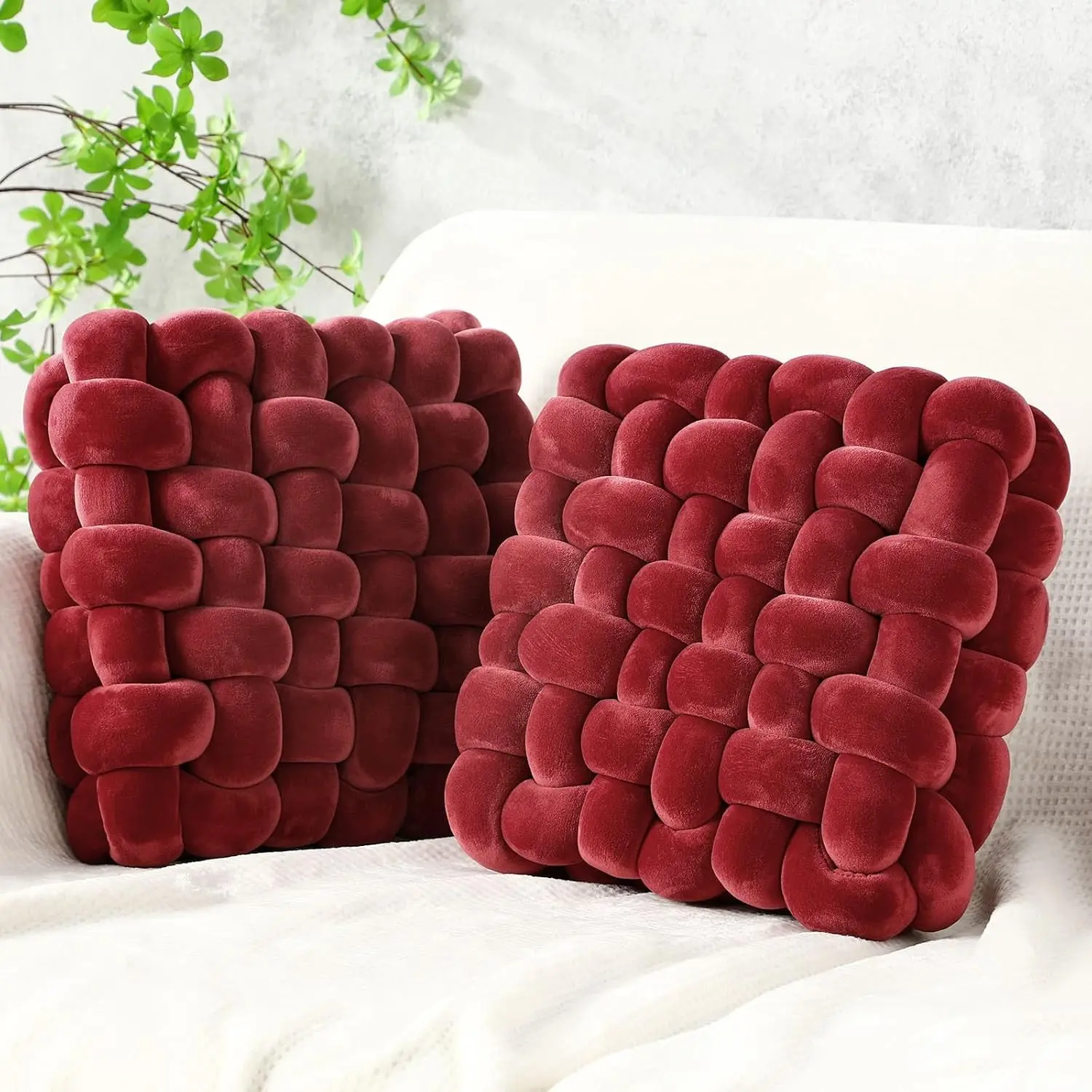 2 Pcs Square Knotted Plush Knot Accent Pillows Soft Decorative Cushion for Couch Sofa Bed Living Room Bedroom Home Office Decor, 12'' x 13'', Burgundy Crystal Velvet
