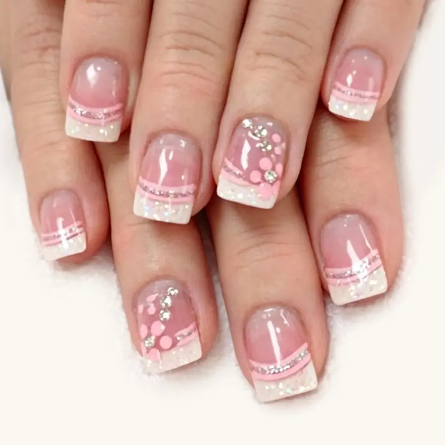 24pcs Short Square Press-On Nails, French Tip Nails, French Floral Rhinestone, Reusable Sweet Daily Wear, Suitable for Women and Girls, Removable Nail Art