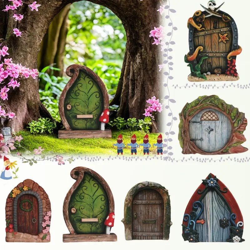 Rustic Wooden Fairy Door Mini House Figurine, Farmhouse Style Small Gate Craft Ornament, Creative Layout Decor for Living Room Cabinet Counter Home Scene Arrangement