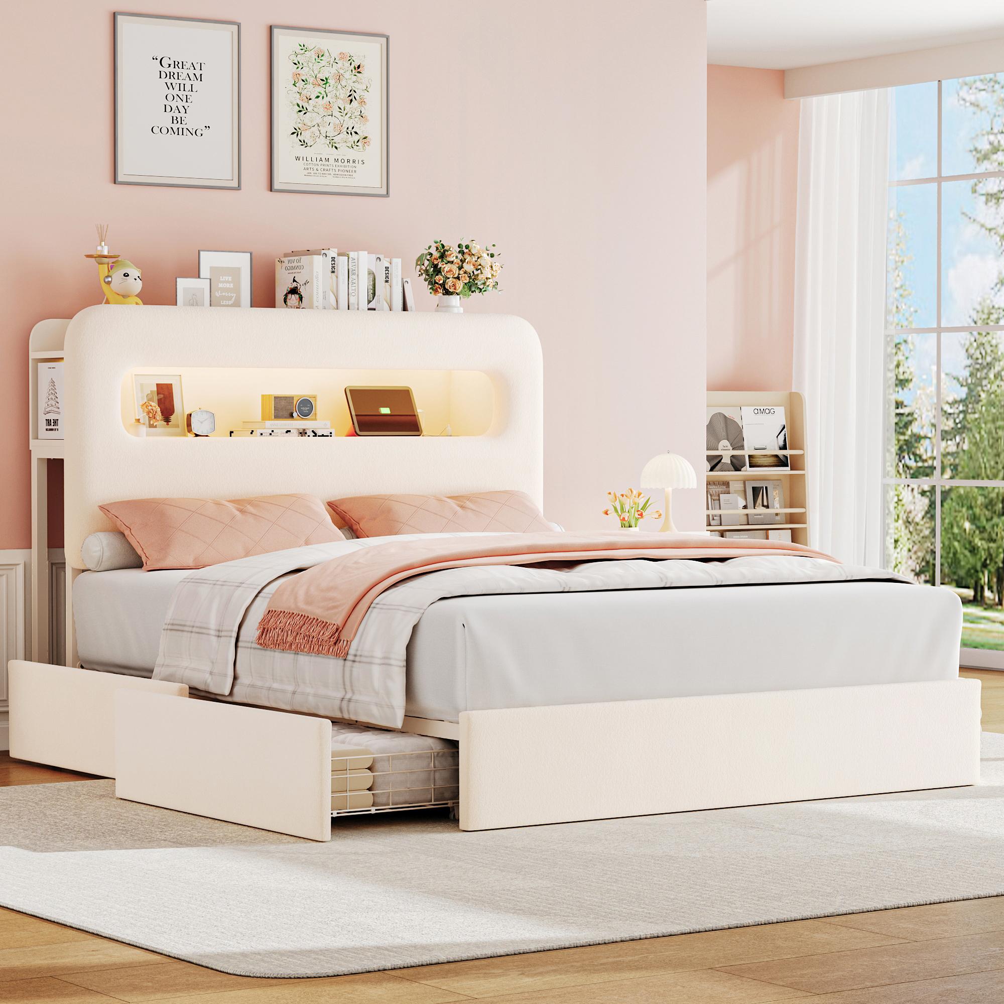 HOSTACK LED Bed Frame with Storage Headboard & Charging Station Modern Platform Bed with USB Ports Velvet Upholstered Twin/Full/Queen Sizes No Box Spring Needed Easy Assembly Bedroom Bedframe, No mattress