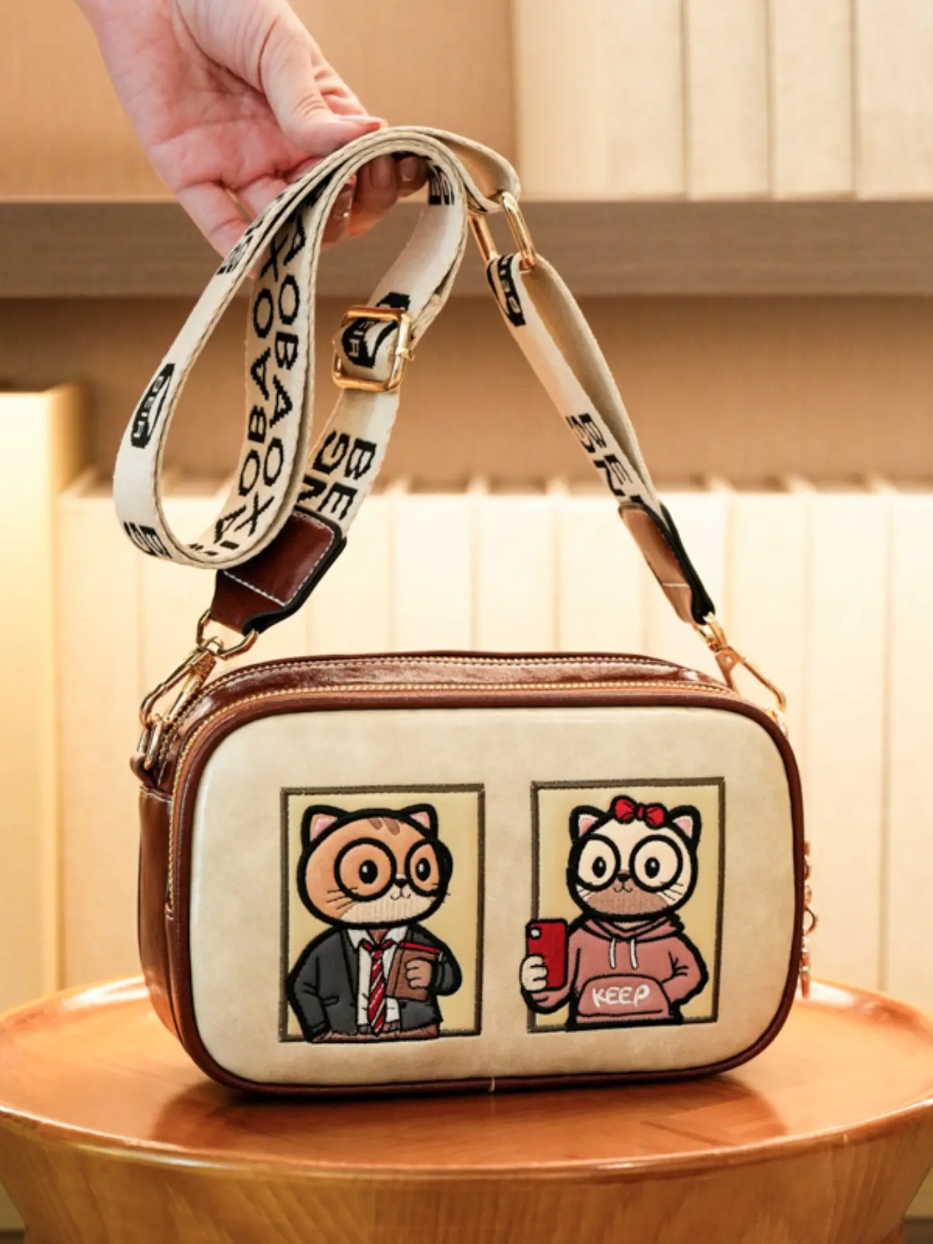 Cute Bear Print Crossbody Bag, Casual Cartoon Shoulder Bag, Large Capacity Multi-Layer Small Square Bag, Versatile Commuter Backpack