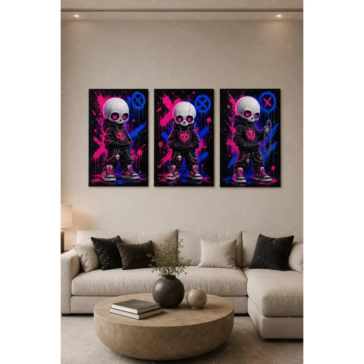 Neon Pink Blue Skeleton Triptych Canvas Poster Set, Graffiti Streetwear Wall Art, Urban Character Print for Teen Bedroom, Gaming Room, Living Room, Modern Aesthetic Home Decor Gift,wall decor,poster.