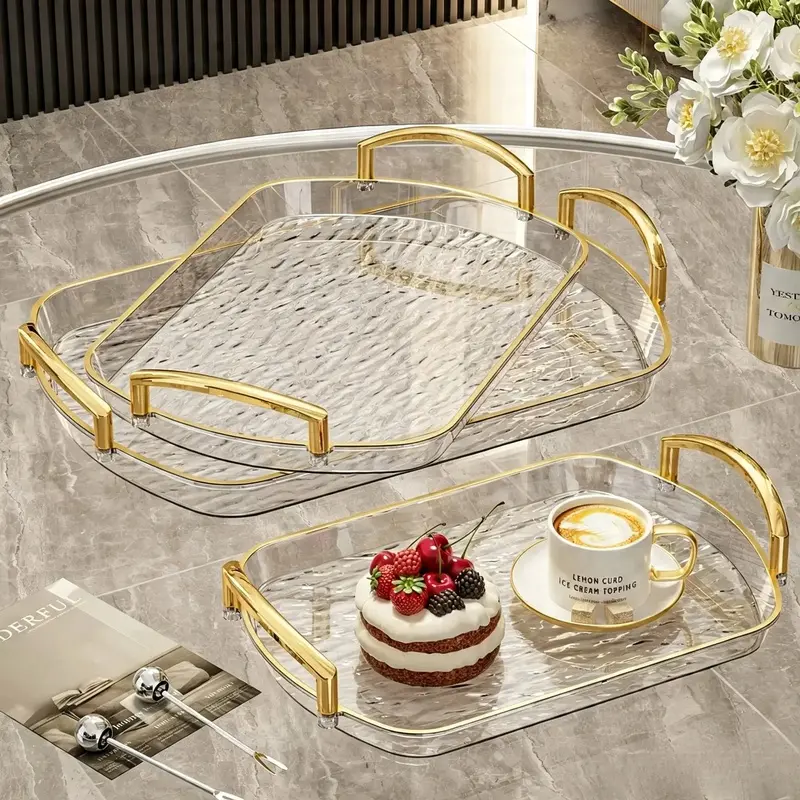 3-Piece Multi-Size Stackable Trays, Sturdy Plastic Rectangle Shape Serving Trays with Handles (16.2/14.2/12 in) - Light Luxury Ripple Effect for Dinner Party, Potato & Onion Storage, Family Use