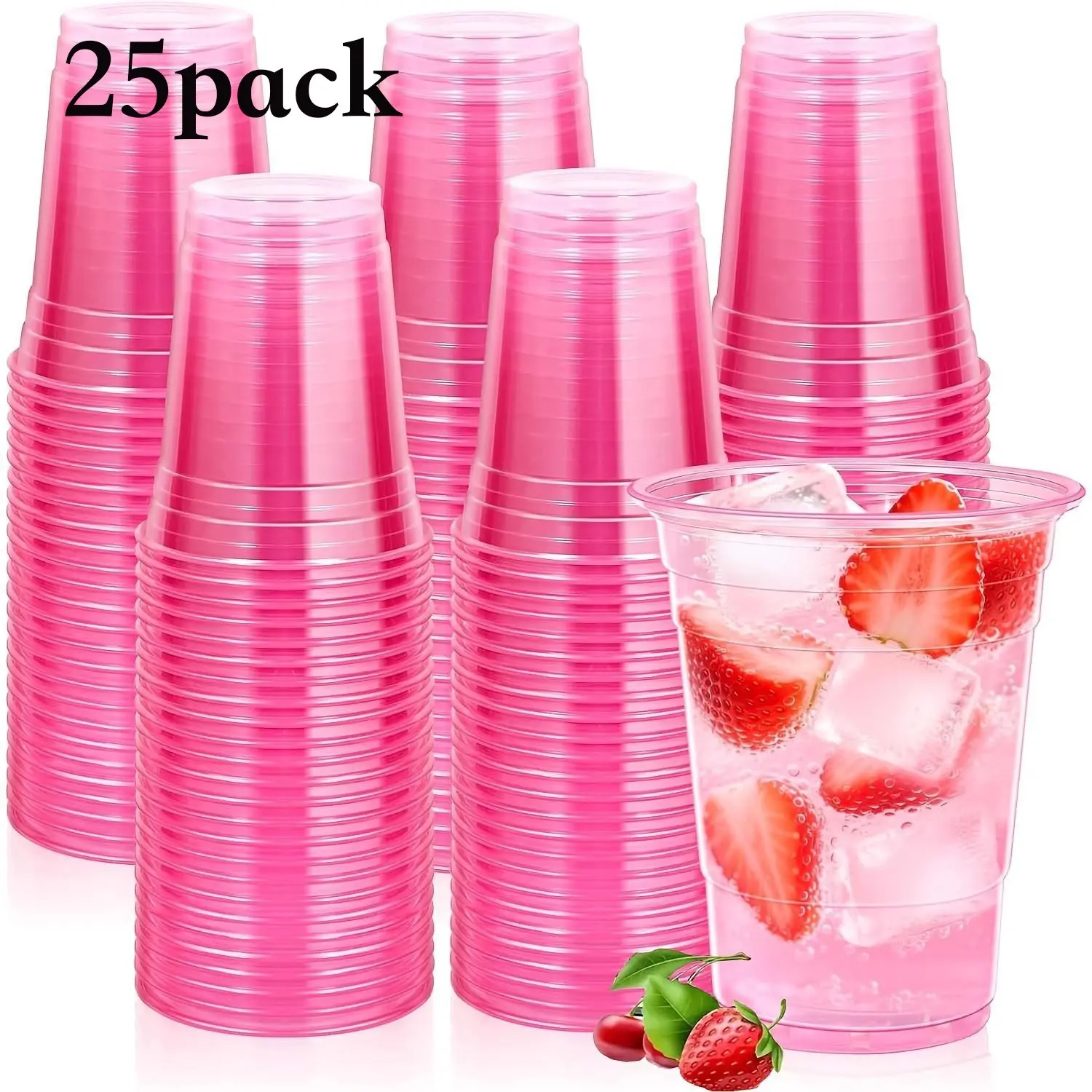 25 Pack 12/16oz Disposable Pink Plastic Cups, Neon Glowing Plastic Party Cups, Bulk Pink Clear Wine Glasses for Valentines Birthday Wedding Bachelor Party Outdoor Festive Party Supplies