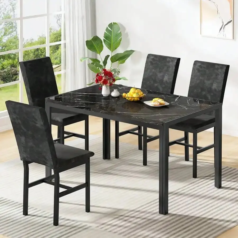 Minimalist 5-Pieces Indoor Faux Marble Rectangular Table and Backed Stools Set - Engineered Wood Space-Saver Furniture, Marble Texture for Living Room, Breakfast Nook (Seats 4)