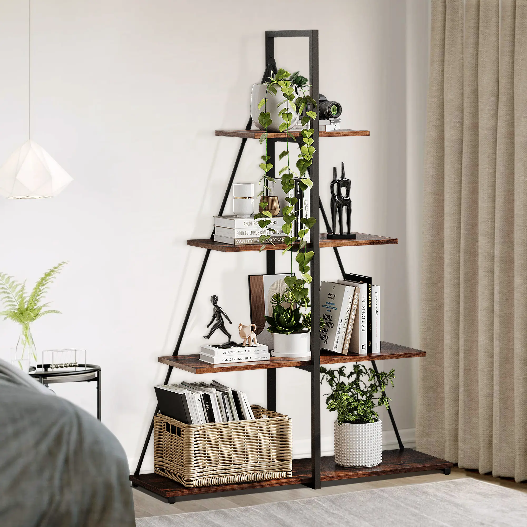4-Tier Industrial A-Frame Bookshelf, Rustic Ladder Bookcase and Display Shelf with Sturdy Metal Frame, Modern Sailboat Utility Storage Organizer for Living Room, Bedroom, Home Office (Retro Brown)