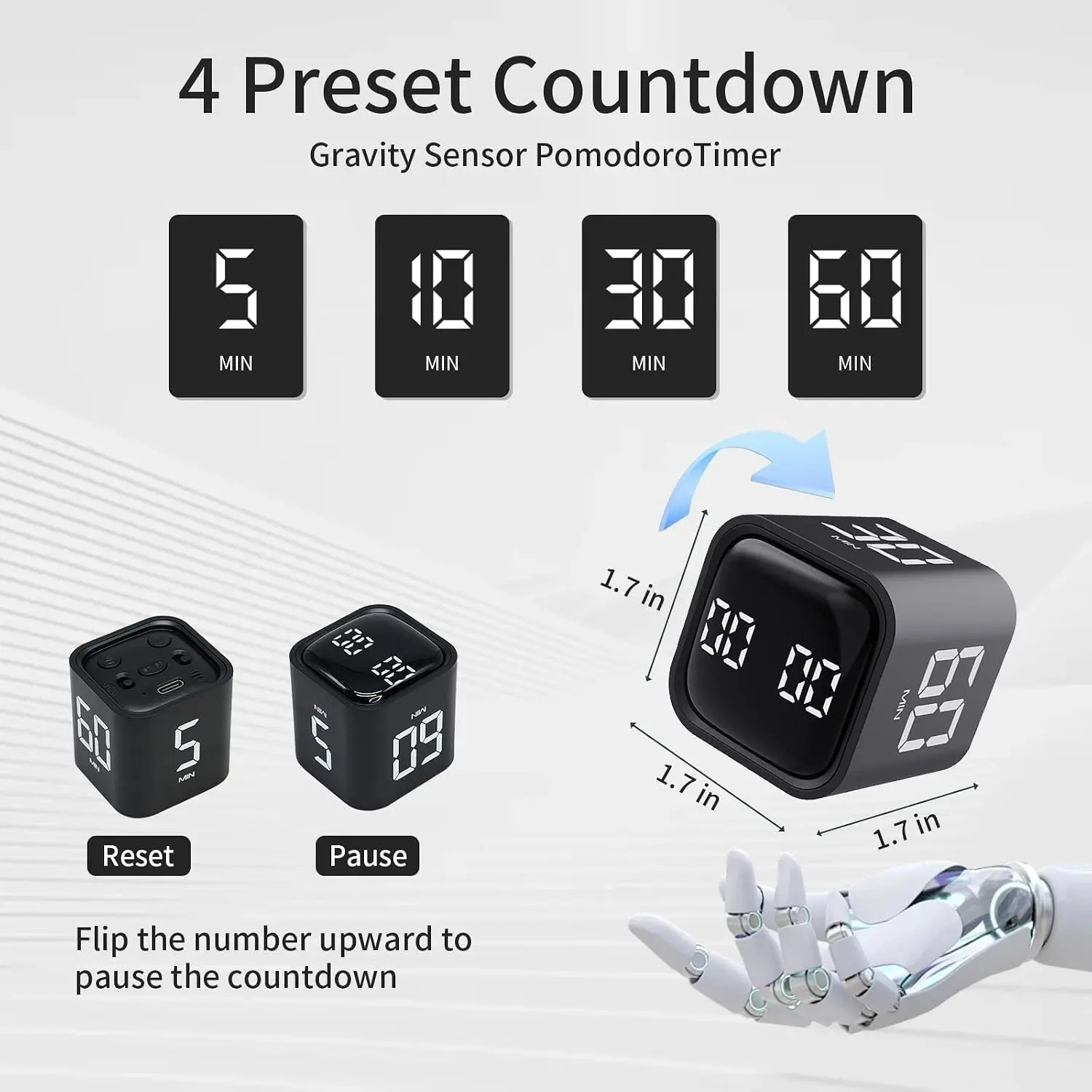 Productivity Flip Cube Timer with Gravity Sensor, Countdown & Count Up, Mute Vibrate Sound, 5/10/30/60 Min & Custom Timing for ADHD, Work, Learning, Kitchen Cooking (Black)Gift