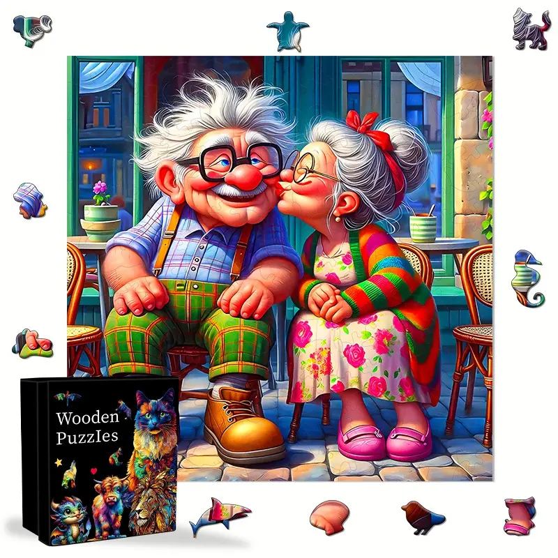Warm Old Couple Wooden Puzzle, Unique Irregular Animals, Home Decoration, Ideal for Puzzle Lovers, Great Gifts for Holidays