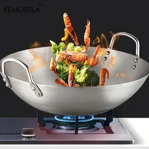 Kemorela Stainless Steel Wok, Uncoated Double Handle Chef Pan, Easy to Clean, Commercial & Home Cooking, 26-40cm Sizes