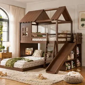 ARCH Solid Wood Twin-over-Full Bunk Bed - 78.3"l x 75.6"w x 89.2"h, Built-in Ladder and Slide, Integrated Storage Shelves and Wardrobe, 6 Inches, Deep Natural Finish, Child-Friendly, Lower Bunk 550 lbs