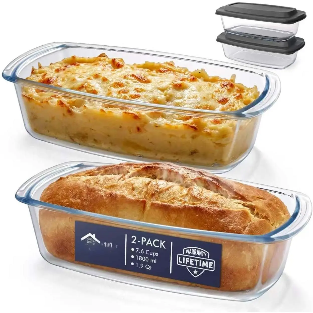 2-Pack LARGE 7.6 Cups/1800 ML/1.9 Qt Glass Loaf Pan, Microwave and Oven Safe - Loaf Pans For  Storage Container, Bakeware for Bread, Lasagna, Potatoes, Meal Prep, Airtight Lid