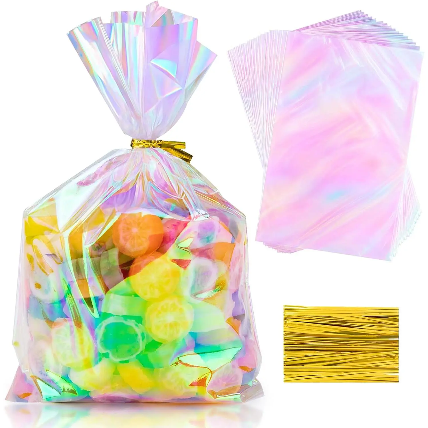 50 count 6x9 Inch Iridescent Cellophane  Bags |  Twist Ties, Holographic, Plastic, Ideal for Party Favors, Candy, Cookies,  Wrapping, Birthday & Holiday