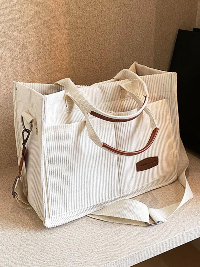 Women's Casual Minimalist Corduroy Tote Bag, Letter Patch Decor Shoulder Bag for Daily Used, Casual Trendy Versatile High-quality Daily Commuting Bag, Girl Fashionable Shopping Bag, Casual Commuter Bag