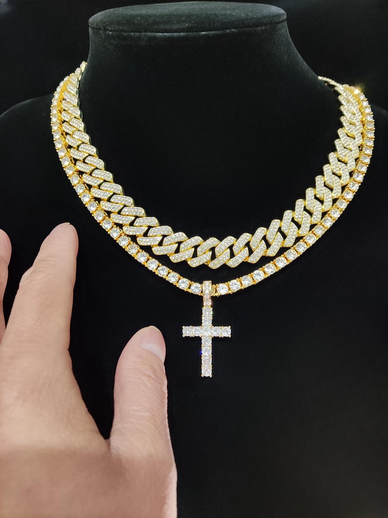 Easter Luxury Rhinestone Cross Pendant Necklace & Cuban Chunky Chain Matching Jewelry Set, Sparkly Streetwear Hip Hop Iced out Jewelry Set for Party, Gorgeous Trendy Accessories Cross Necklaces, Cuban Link Chain