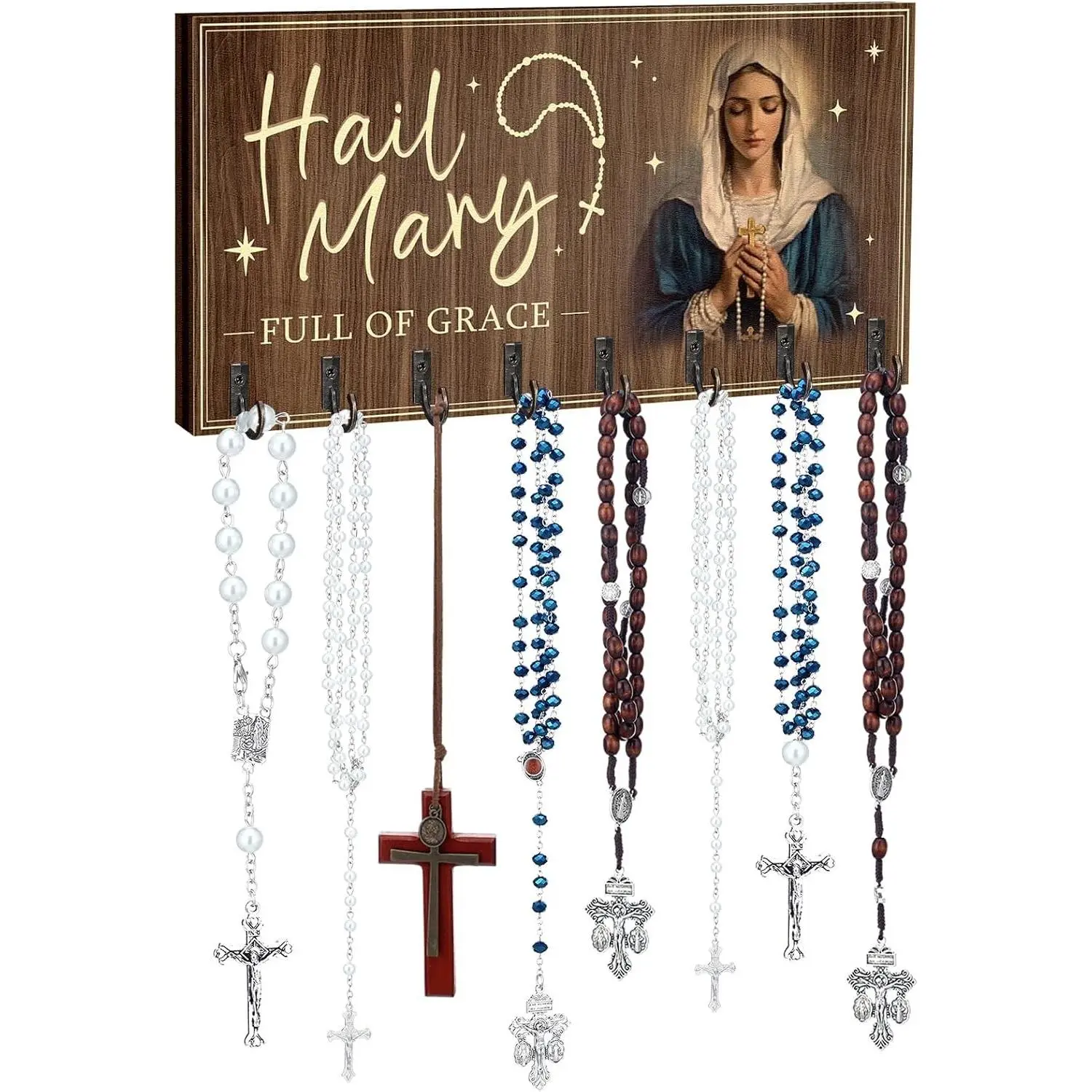 Large Rosary Holder Wall Mounted 8 Hanger Storage, Classic Rosary Storage Organizer, Decorative Hanger Holder, for Necklace Bracelet Prayer Storage Bedroom