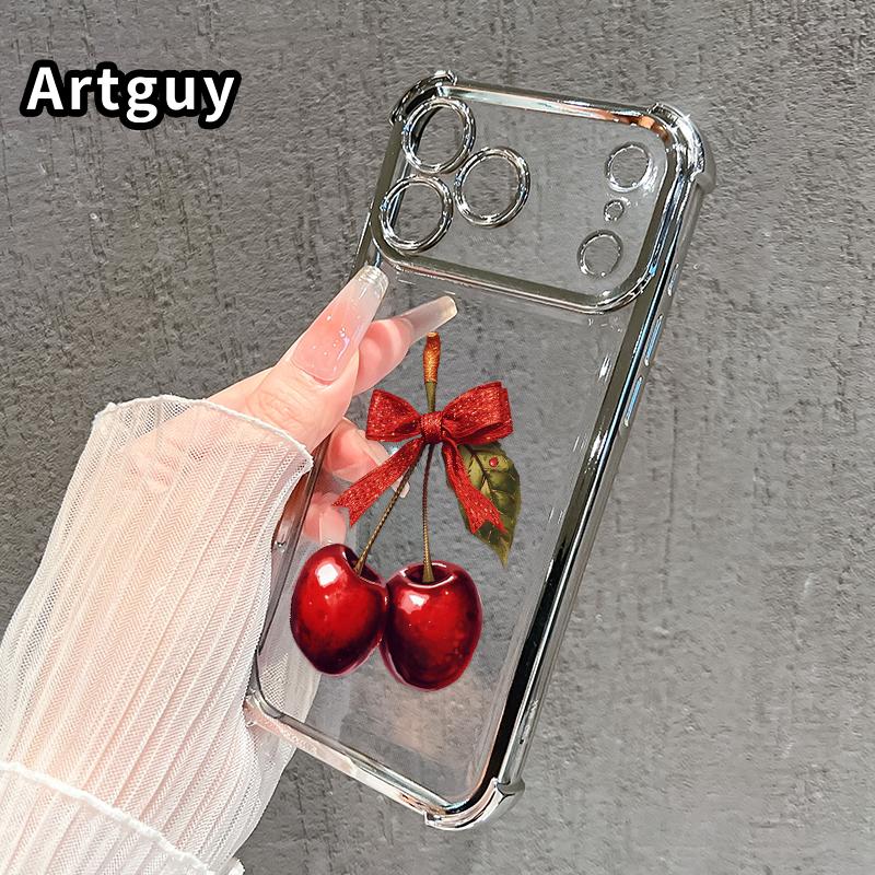 Compatible with iPhone 17 16 Pro Max 15 Plus 14 13 12 11 E Air Phone Case Cherry with Bow Pattern Transparent Full Coverage Four Corners Anti-drop Casing