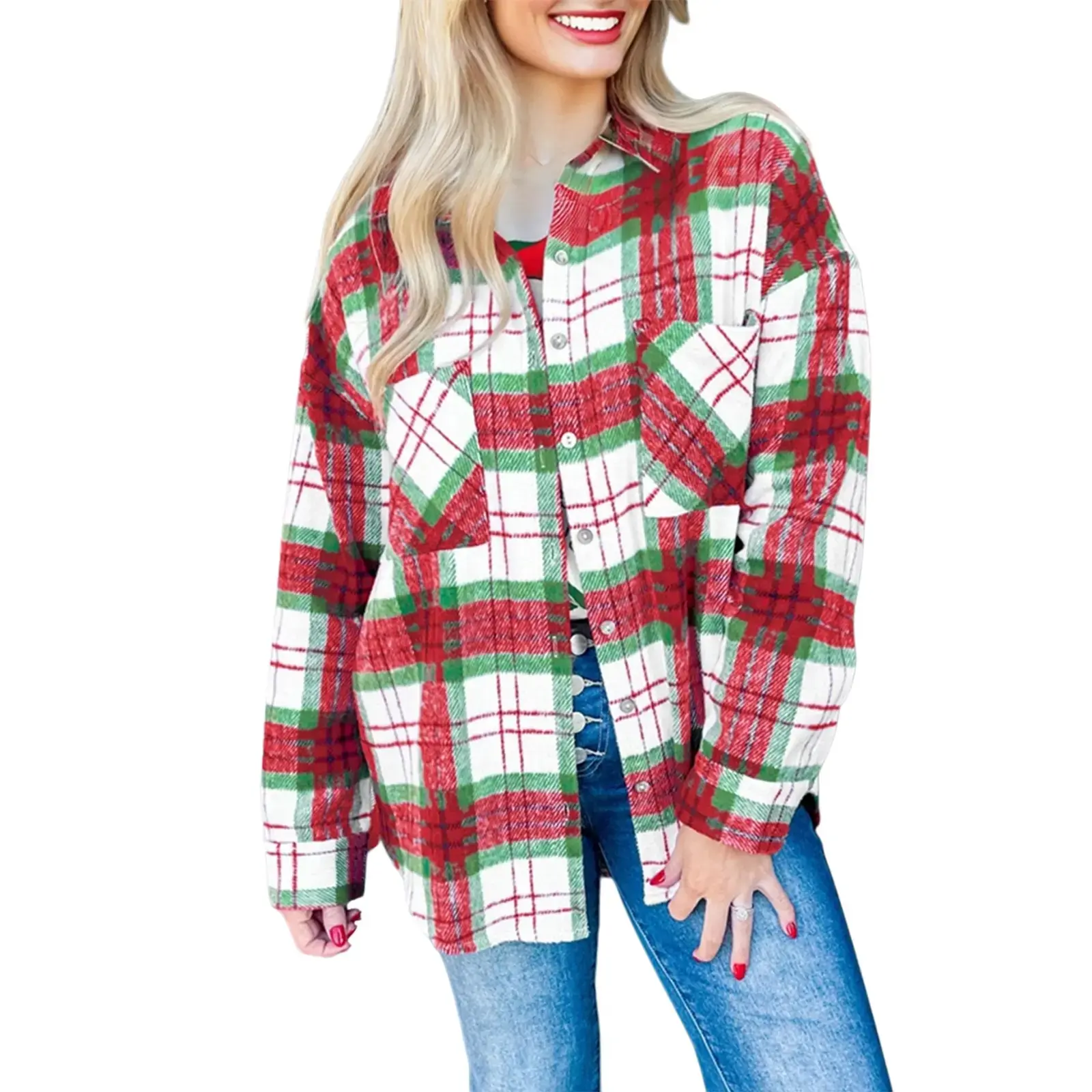 Women's Plaid Red & Green Colorblock Christmas Jacket Casual Flannel Shacket
