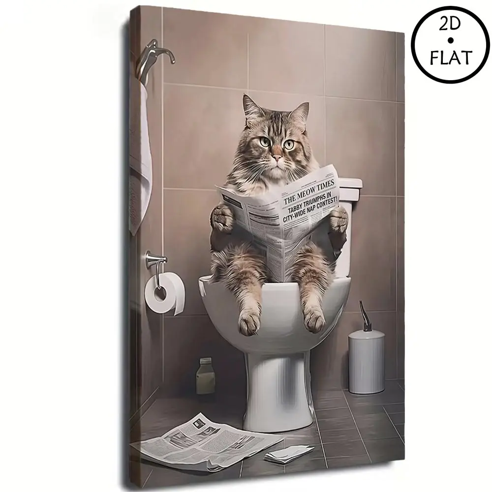 Quirky Bathroom Wall Decor, Unframed Canvas Print of Funny Cat Reading Newspaper on Toilet, Humorous Restroom Art Poster for Guest Bathroom,poster for boyfriend  , dopamine   Decor   items Personalized Pet Portrait church unique art decoration