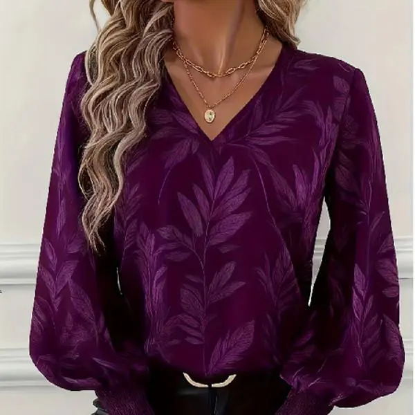 Women's Elegant Leaf Pattern Lantern Sleeve Blouse - Minimalist V-Neck, Smooth Smocked Fitted Garment, Coordinates with Balloon Trousers, Jeans, Footwear for Everyday Casual Spring & Autumn Outfits, Versatile Pieces
