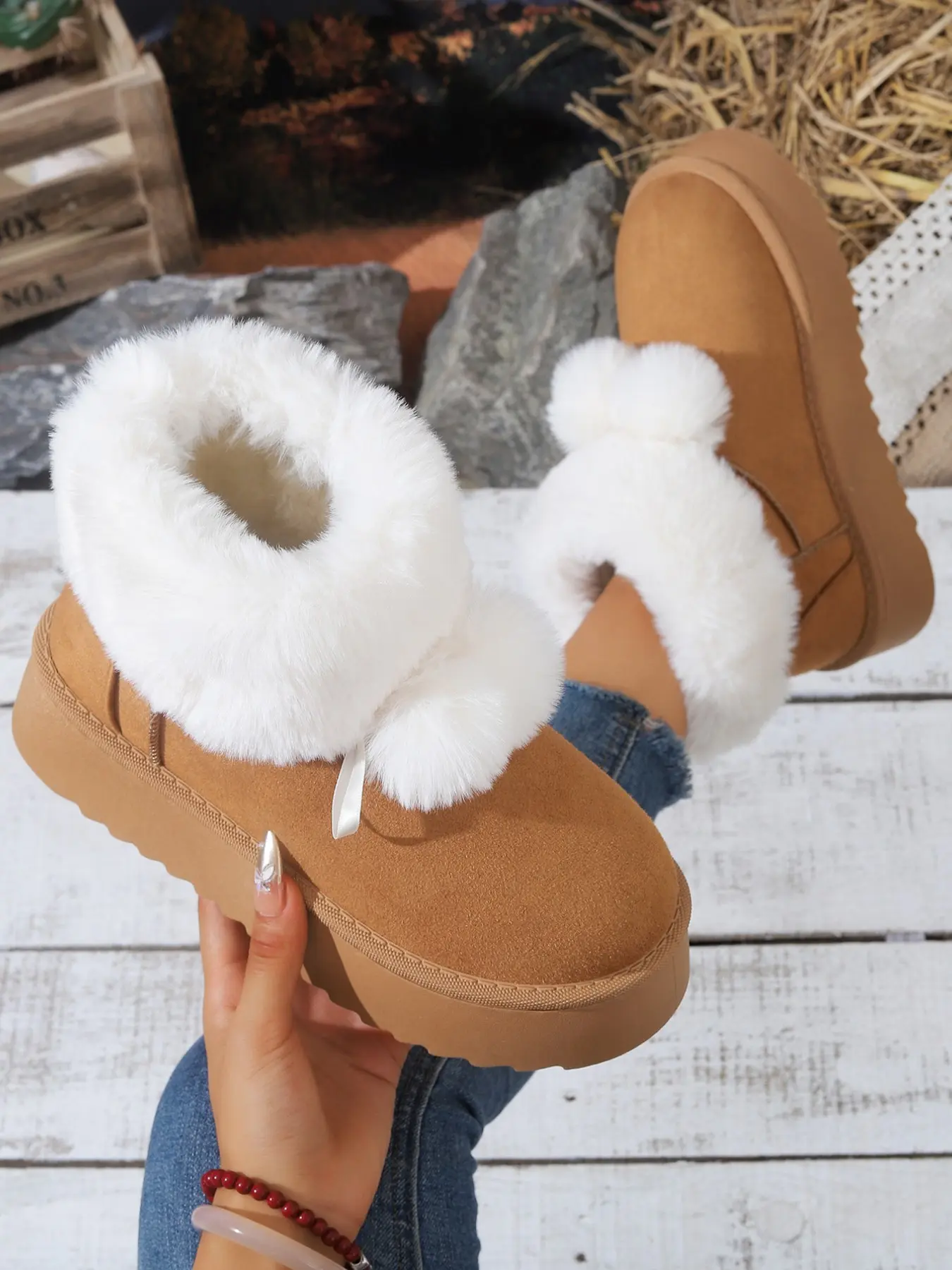 Women's Fashion Fuzzy Ball Plaid Ankle Boots, Thick Sole Short Boot, Fall Winter Warm Shoes, Versatile Daily Wear