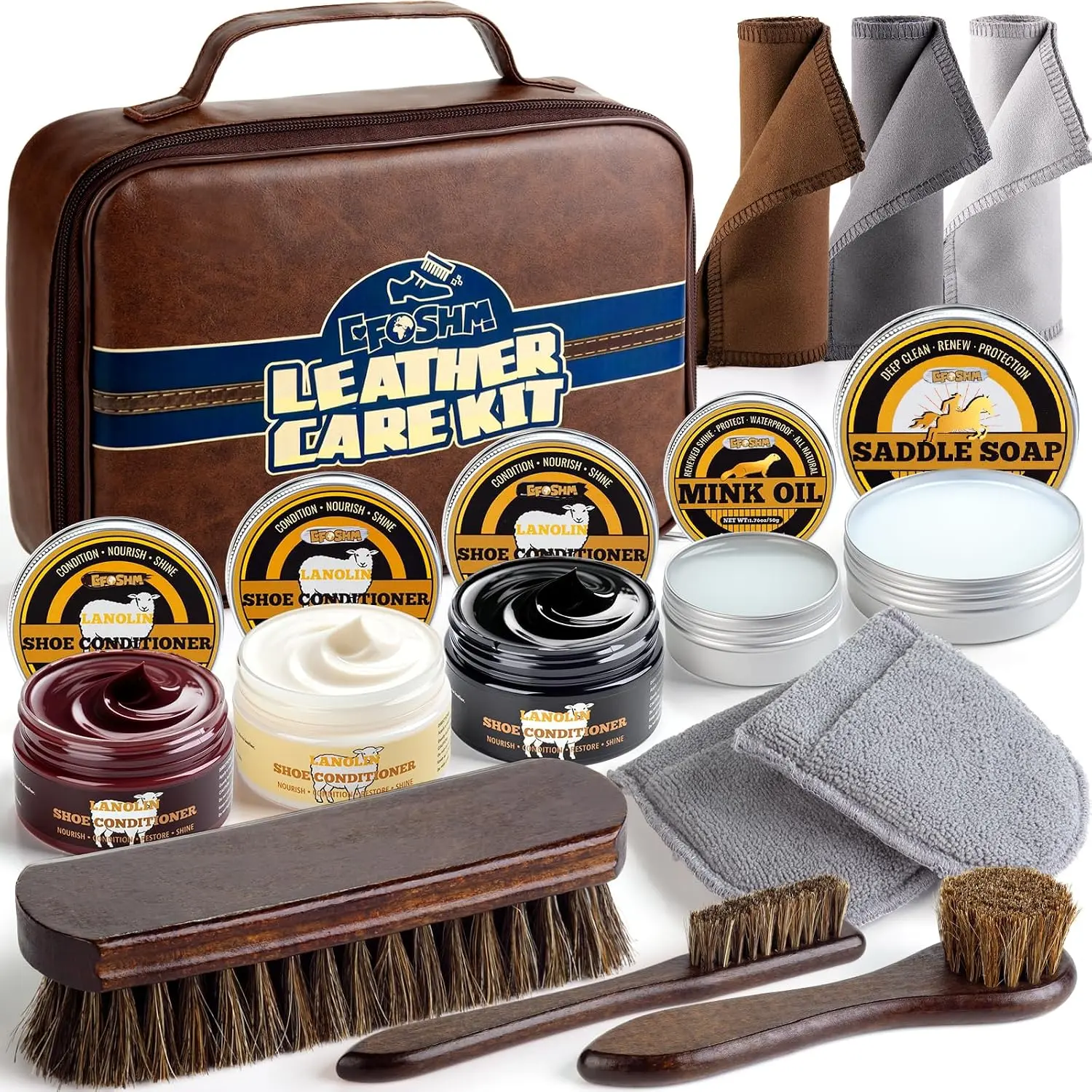 Shoe Shine Kit & Cleaning – 13PCS Leather Boot Care with Lanolin Polish (Black/Brown/Neutral), Saddle Soap 3.53oz, Mink Oil, Horsehair Brushes – Waterproof for Dress Shoes – Gift for Dad Men Women