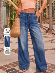 Women's Elegant Vacation Elastic Waist Drawstring Unlined Cowboy Loose-Fitting Ankle-Length Straight-Leg Pants, Summer Casual Streetwear Jeans
