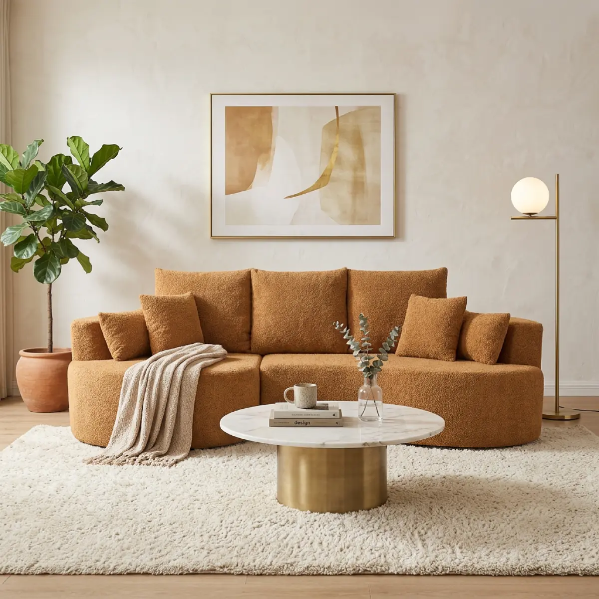 Aobtkel 106" Curved Boneless Bouclé 2-Piece 4-Seat Sectional Couch with Chaise Lounge, High-Elastic Foam, 7 Pillows, Full Compression, No Assembly, Comfortcloud Soft Curved Upholstered Living Room Furniture for Apartment, Comfortcloud Living Room Furnitur