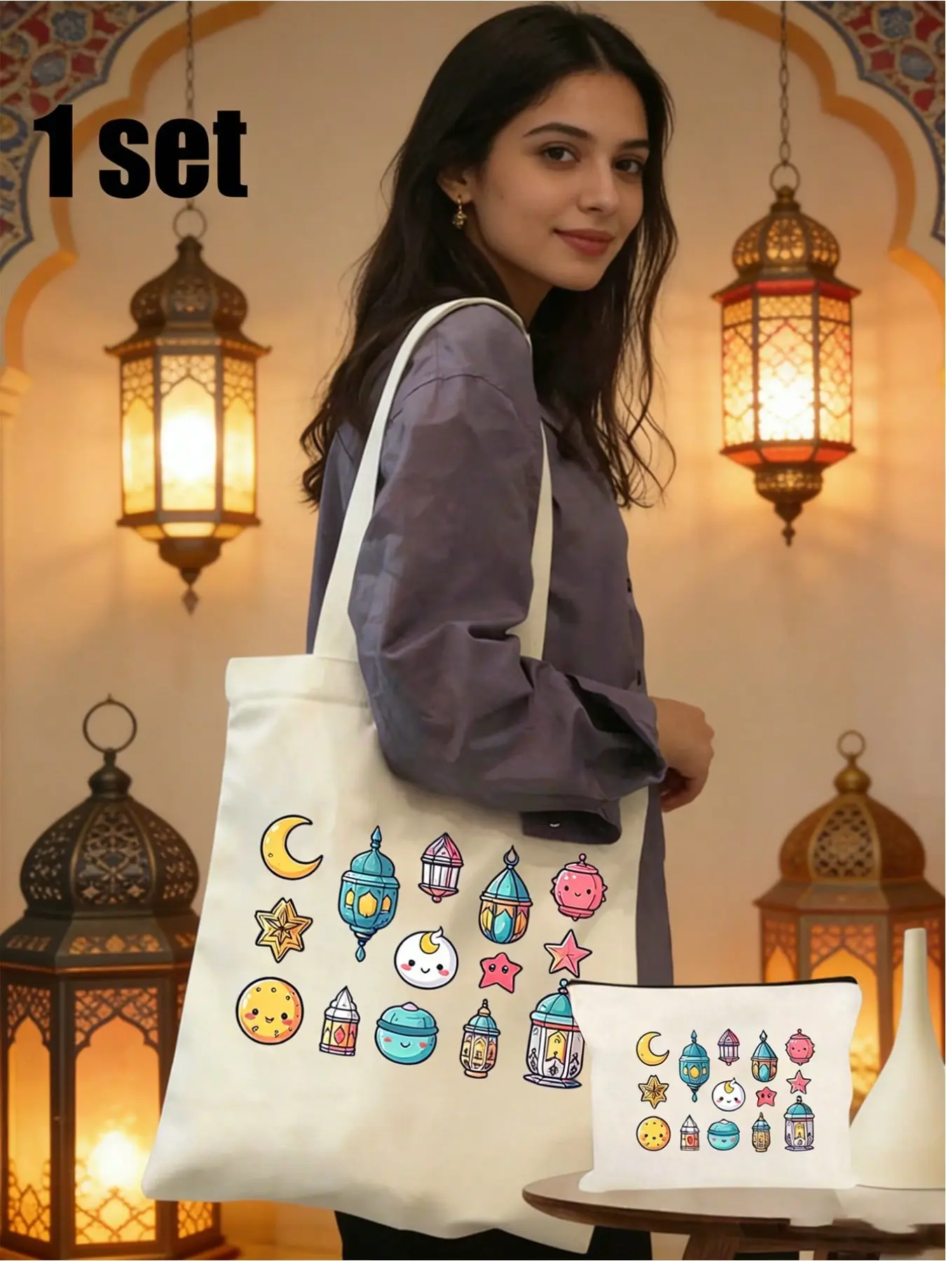 Ramadan limited canvas bag & cosmetic pouch, printed with mosque, lantern and moon patterns. Features Ramadan & Eid greetings. Large capacity, reusable and lightweight. Multi-use for travel, daily work and all festivals, perfect Ramadan gift.