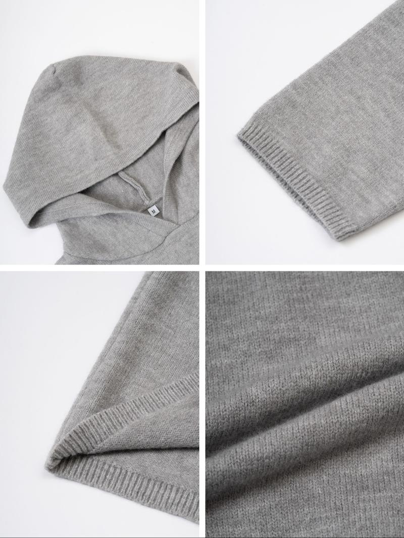 Solid Color Casual Hooded Knit Pullover Sweater Knitwear, Thin Fabric Fitted Style for Fall Season, Comfortable and Stylish Women's Clothing