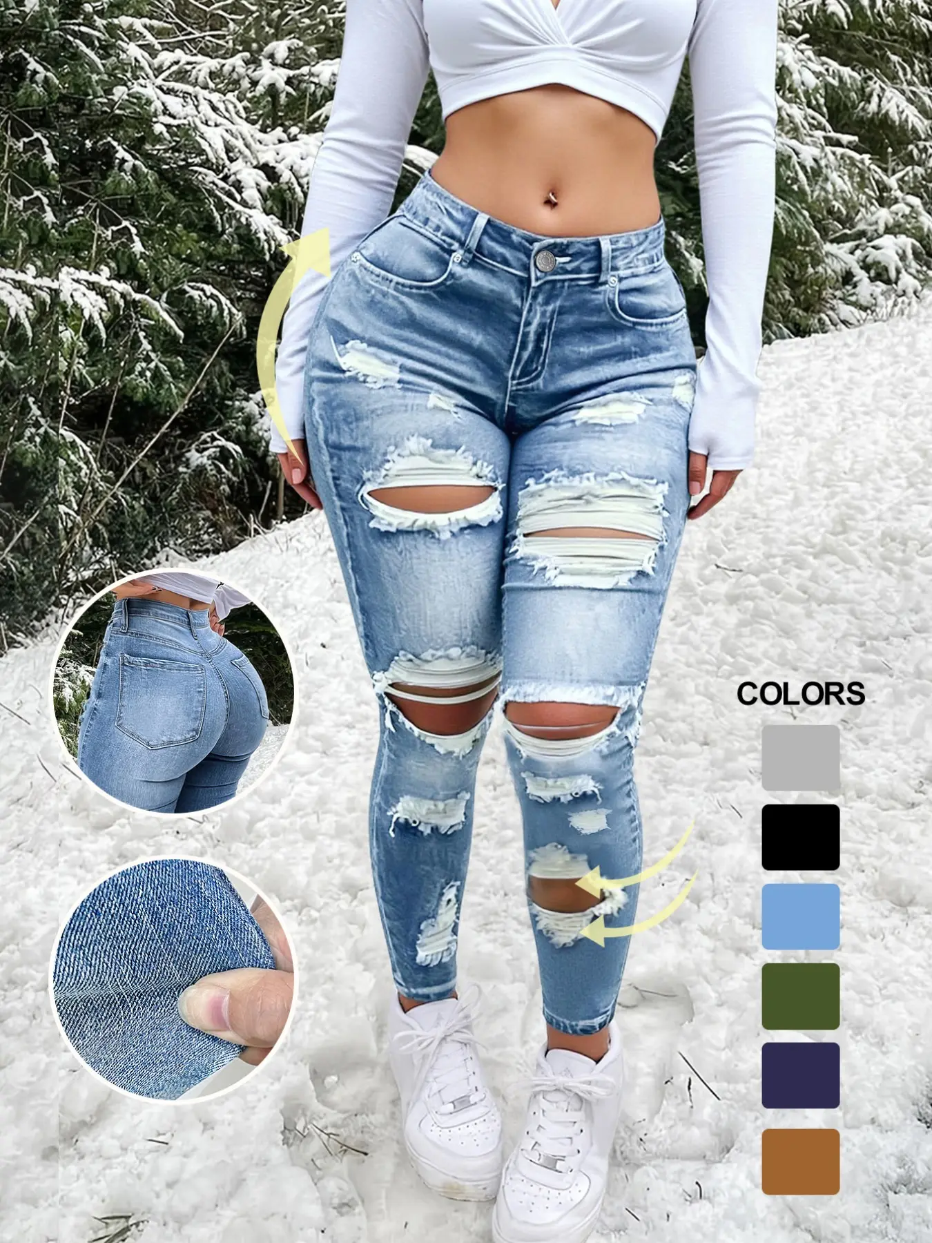 Women's High Waist Slimming Ripped Denim Jeans, High Stretch Skinny Fit, Casual Fashion Pants, Comfortable and Stylish