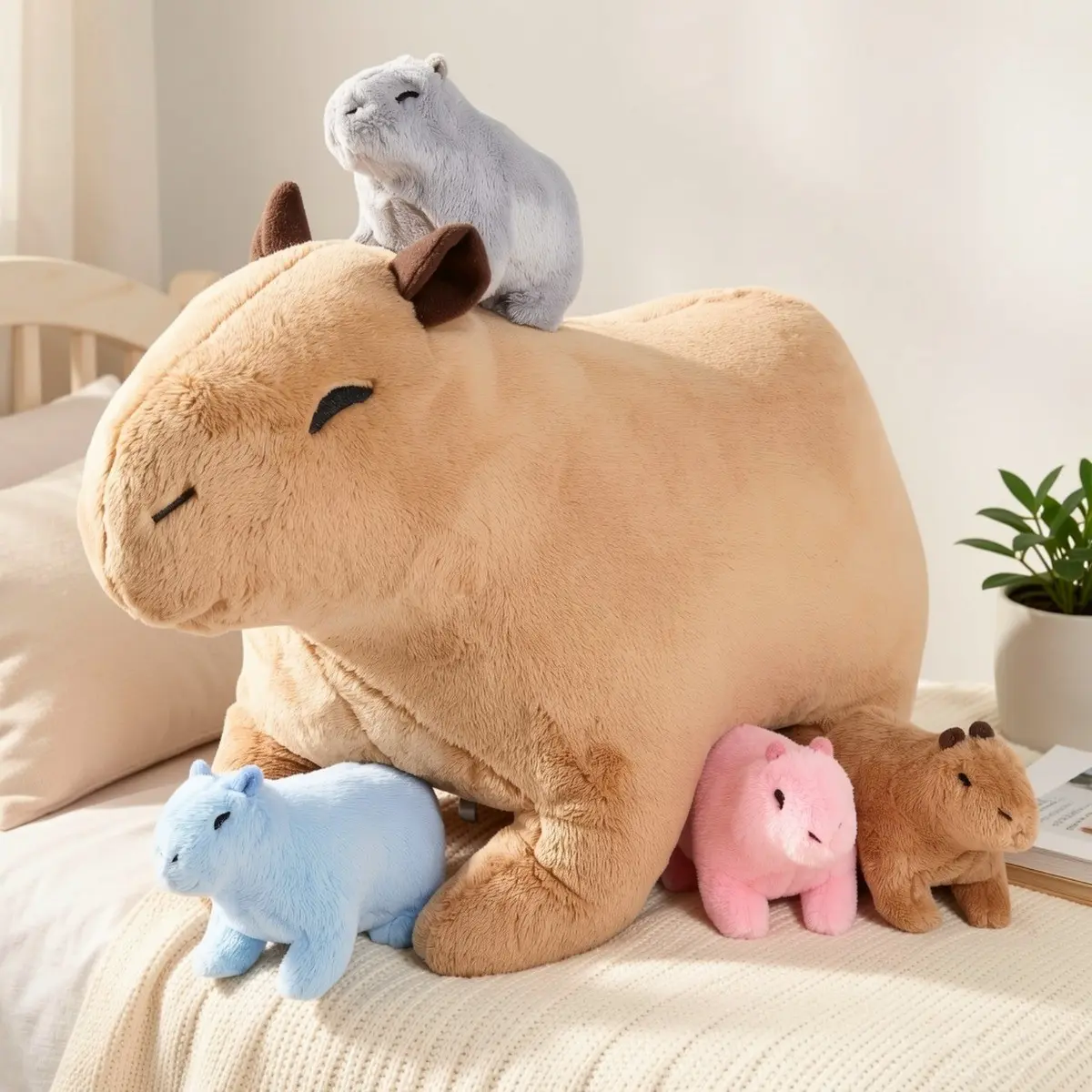Cute Capybara Mommy Plush Toy, 4 Removable Mini Babies, Soft Fluffy Kawaii Stuffed Animal, Gift for Kids and Animal Lovers
