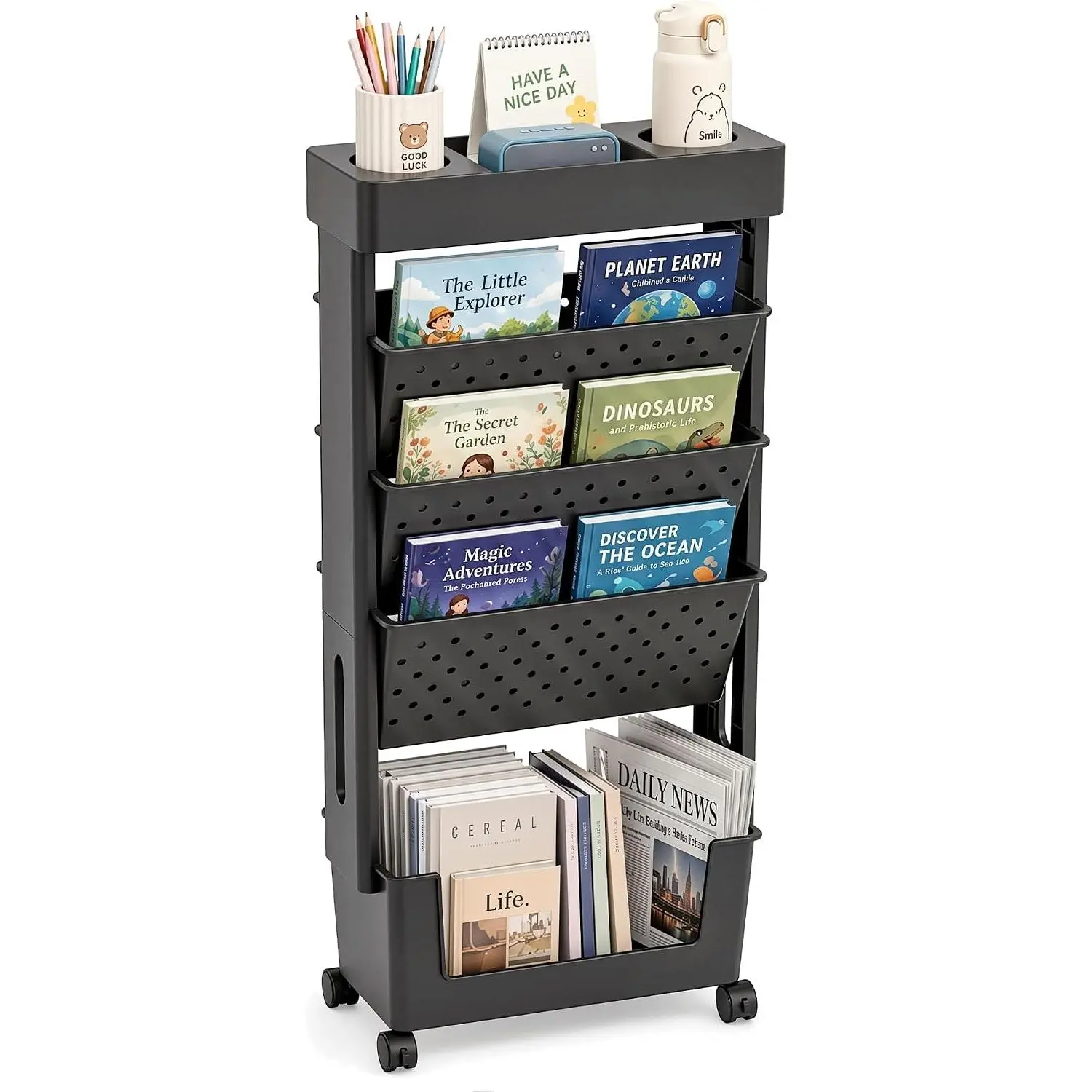 5-Tier Rolling Bookshelf Cart, Black | Movable with Wheels, File Paper Storage Organizer, For  Office Study Classroom