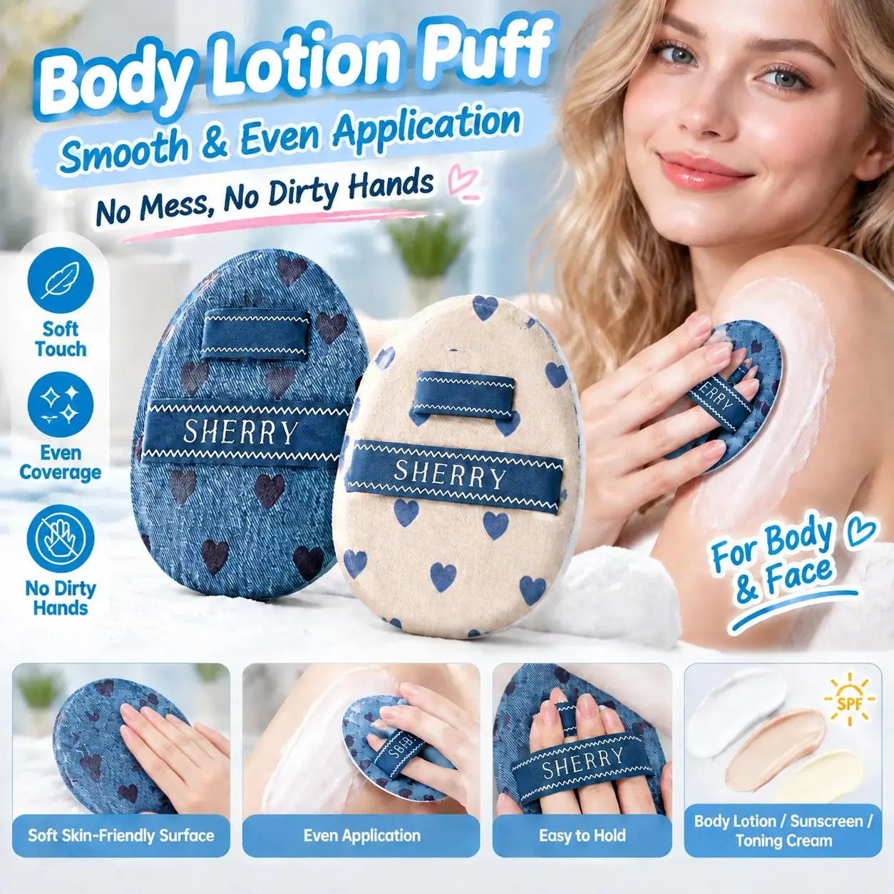 Soft body lotion application pad with multiple finger straps, personal skincare sponge, evenly applies sunscreen, body lotion, and body oil, reusable skincare application tool
