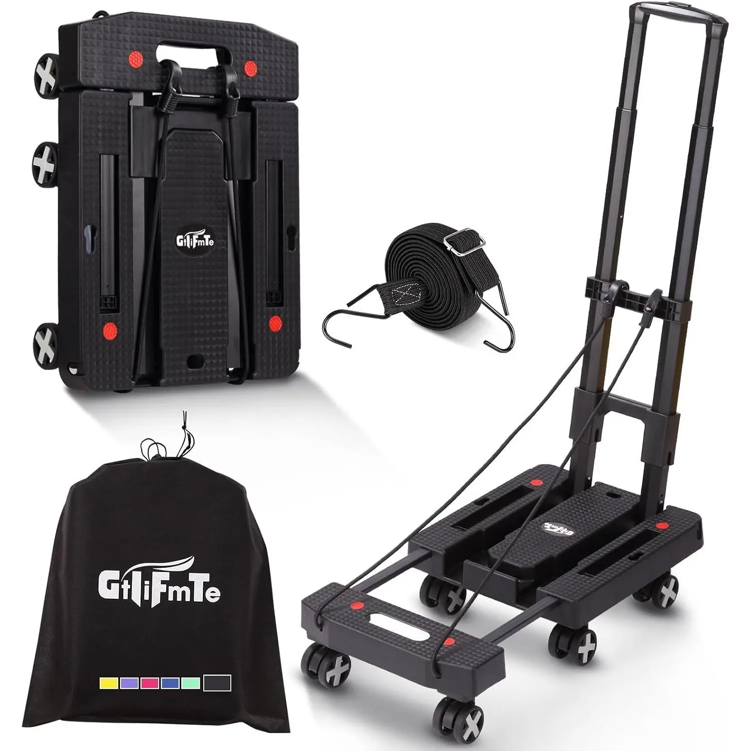 Foldable Lightweight Hand Truck Dolly, Luggage Cart with 6 Rotate Wheels, Adjustable Handle Collapsible Utility Cart for Moving (Black)